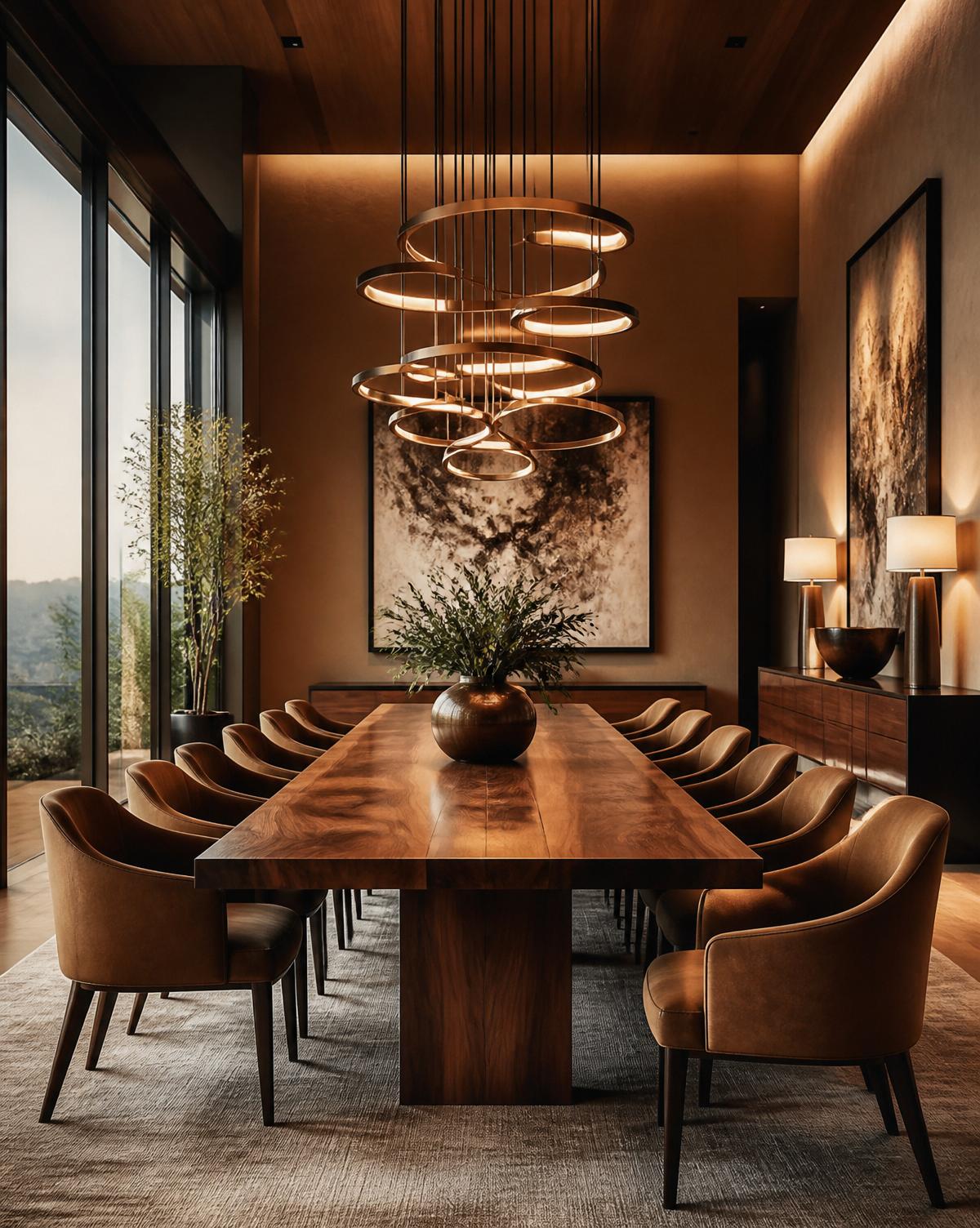 Comedor contemporáneo con lámpara escultórica