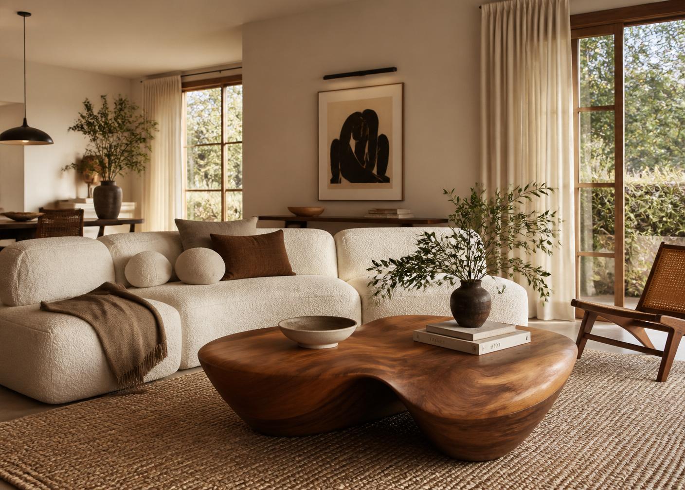 Sala con mesa de centro orgánica